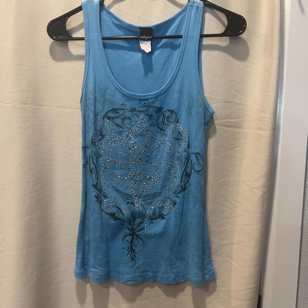 Katydid Blue Sleeveless Tank Top with Decorative Print